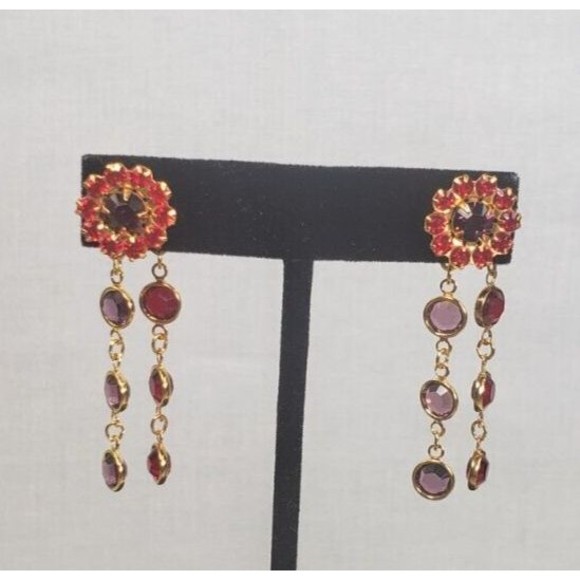 Red Hat Society Dangle Earrings Red Purple Gold Tone Chandelier Pierced - Picture 3 of 16